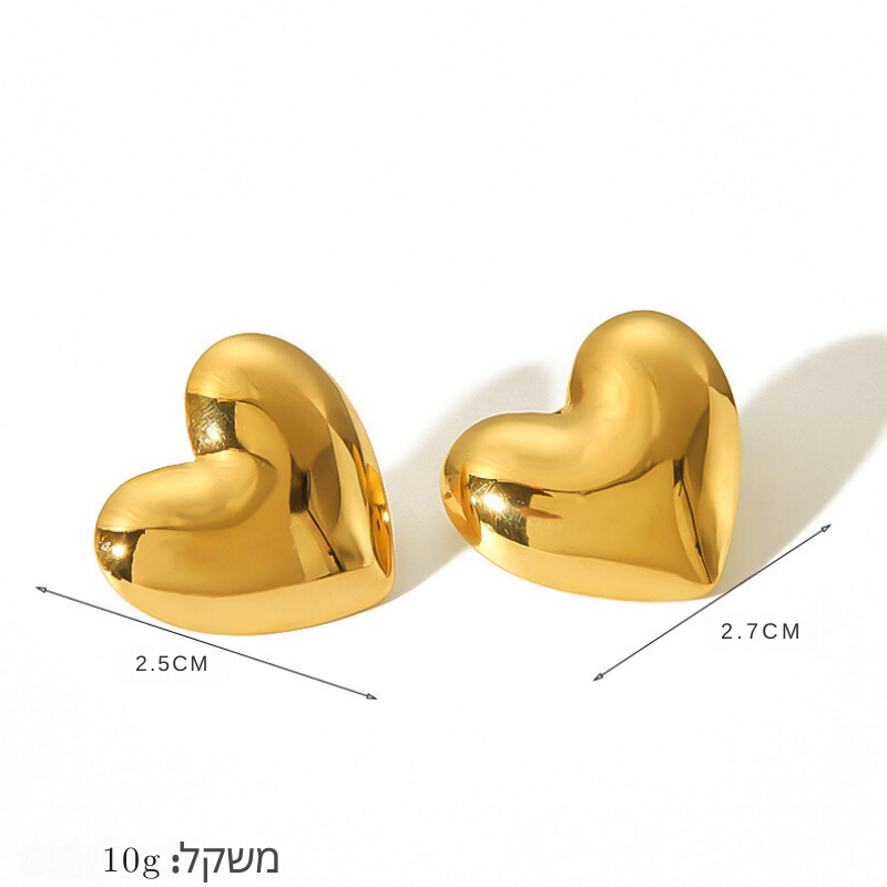 עגיל לב 3D ציפוי זהב 18K