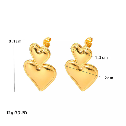 עגילי לב כפול ציפוי זהב 18K
