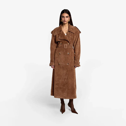 מעיל טרנץ’ זמש ארוך עם חגורה